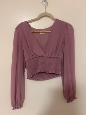 Aritzia Mauve Smocked Waist V-Neck Long Sleeve Blouse